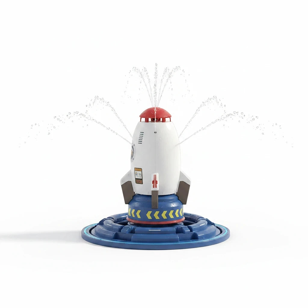 EVEREASE rocket sprinkler toy spraying water in a garden, featuring a white, red, and blue design on a launch pad.