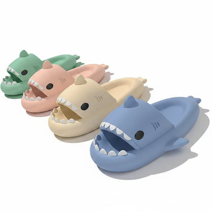 EVEREASE shark-shaped open toe slide sandals in pastel blue, cream, pink, and green for indoor and outdoor comfort.