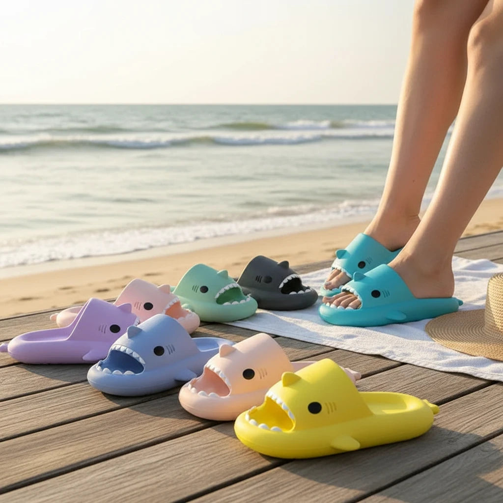 EVEREASE shark-shaped slide sandals in various pastel and bright colours displayed on a beach boardwalk