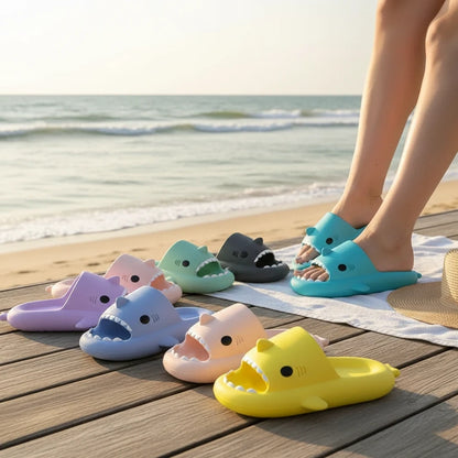 EVEREASE shark-shaped slide sandals in various pastel and bright colours displayed on a beach boardwalk