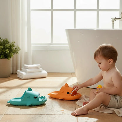 EVEREASE playful shark-shaped open toe slide sandals in teal and orange on a bathroom floor with a toddler playing