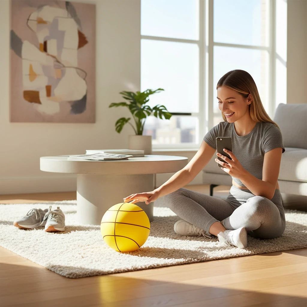 EVEREASE silent training basketball in bright yellow, used by a woman sitting on a living room rug with her phone.