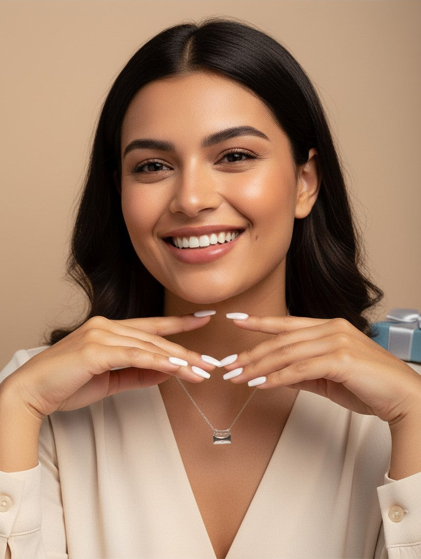 A smiling woman wearing an EVEREASE silver envelope pendant necklace with a hidden message inside.