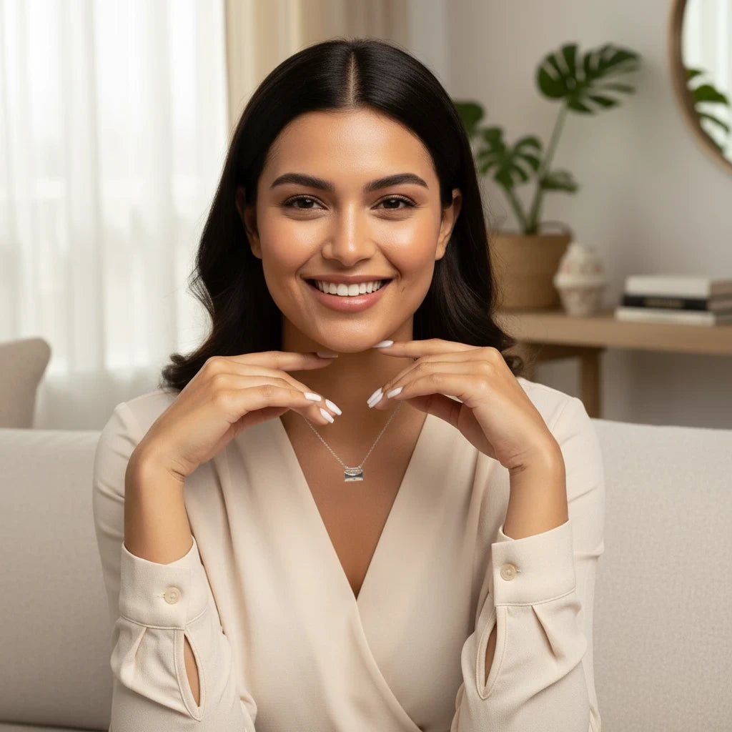 A smiling woman wearing an EVEREASE silver envelope pendant necklace that opens to reveal a hidden secret message.