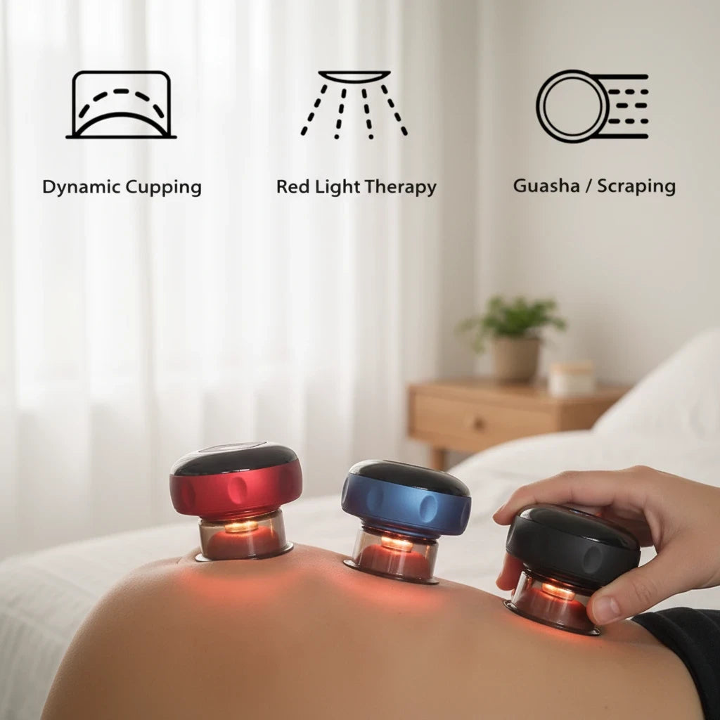 EVEREASE SmartCup dynamic cupping therapy devices in red, blue, and black with red light and heat therapy on skin