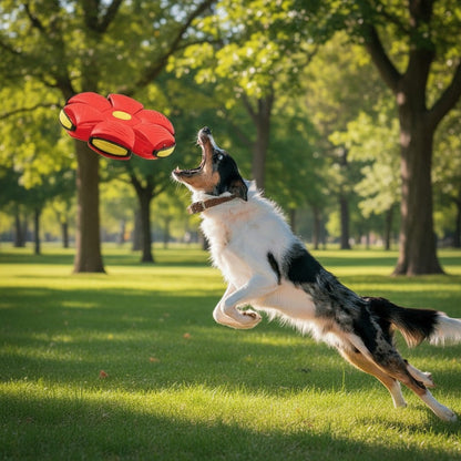 EVEREASE interactive red and yellow transforming flying disc toy being caught by a dog in a sunny park
