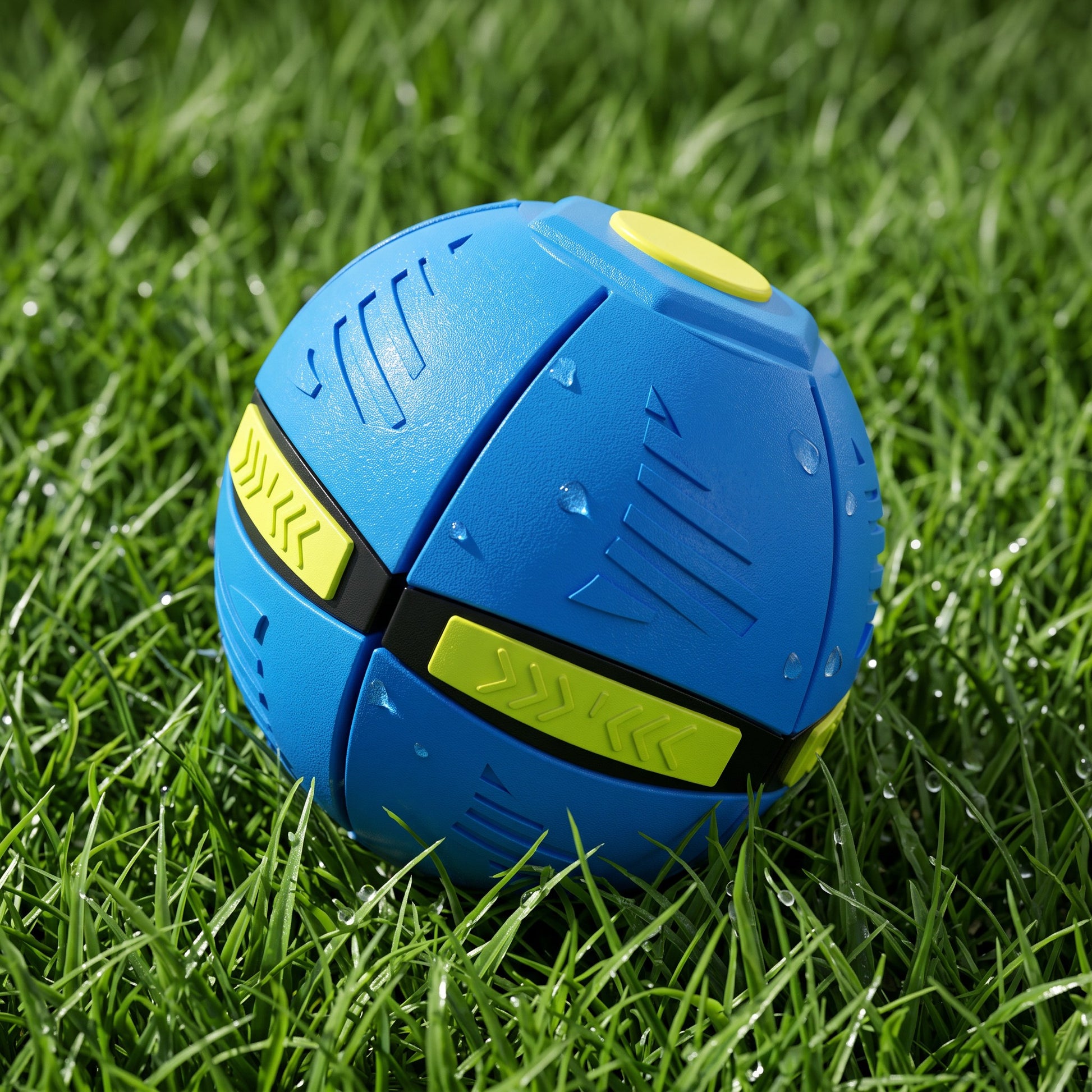 EVEREASE blue and yellow transforming flying disc ball toy for dogs resting on green grass