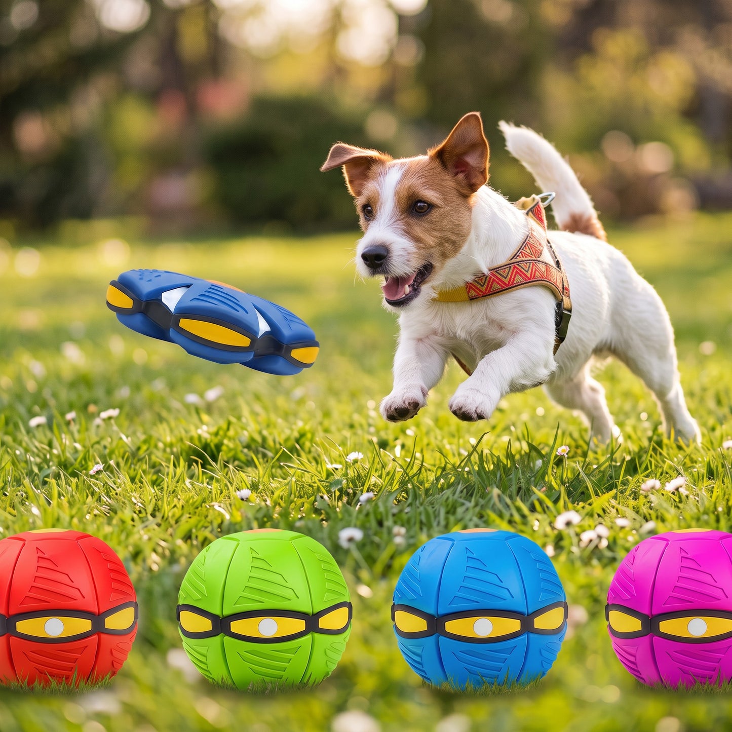 EVEREASE interactive transforming flying disc pet toy being chased by a dog in a park with four color options below.