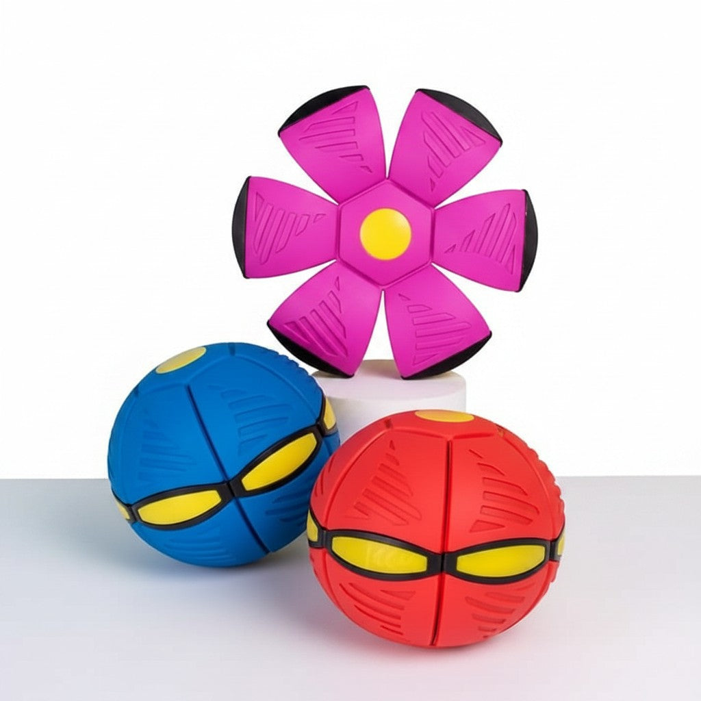EVEREASE transforming flying disc pet toys in red, blue, and pink, shown in both ball and flat frisbee shapes.