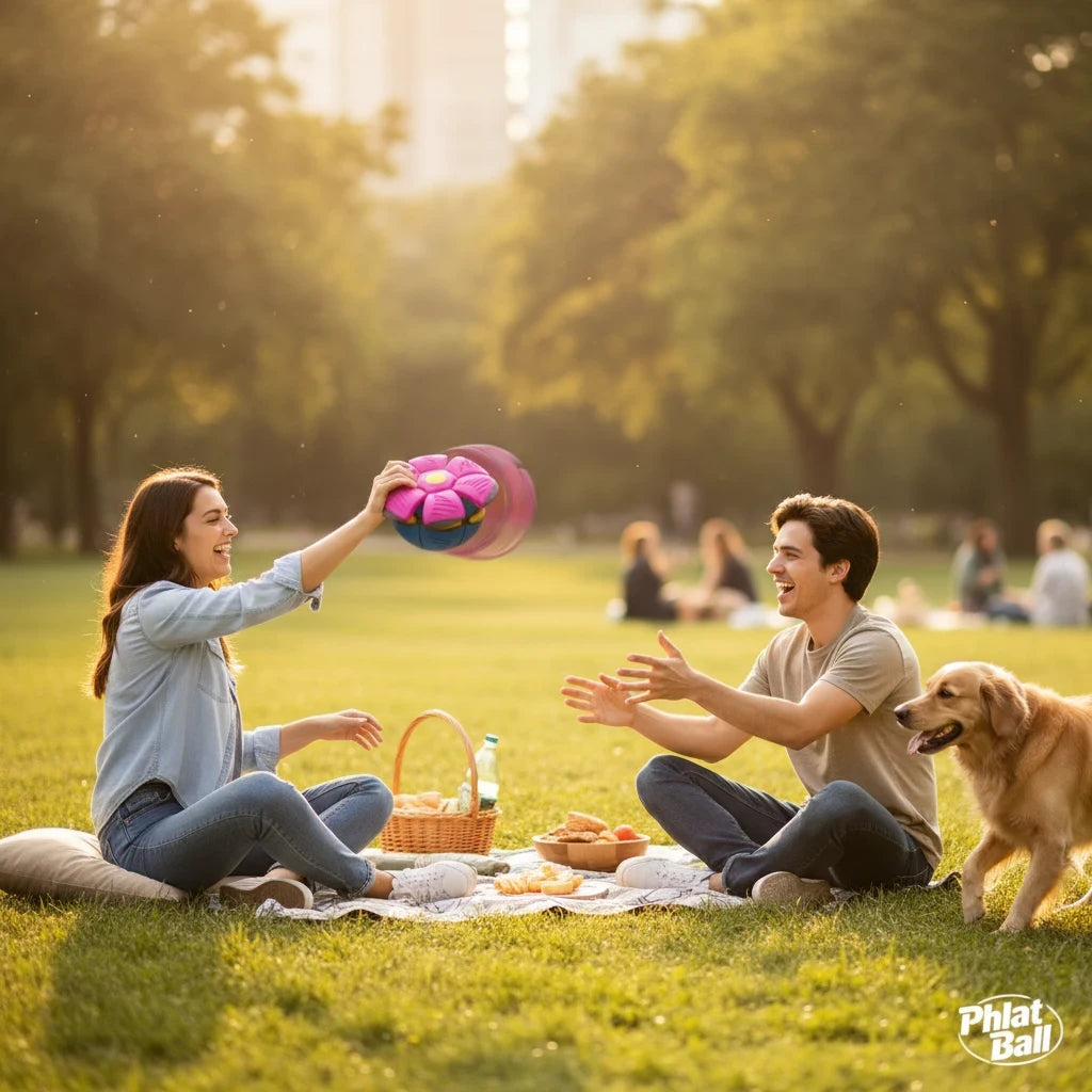 EVEREASE interactive transforming flying disc pet toy being tossed between a couple at a sunny park with their dog