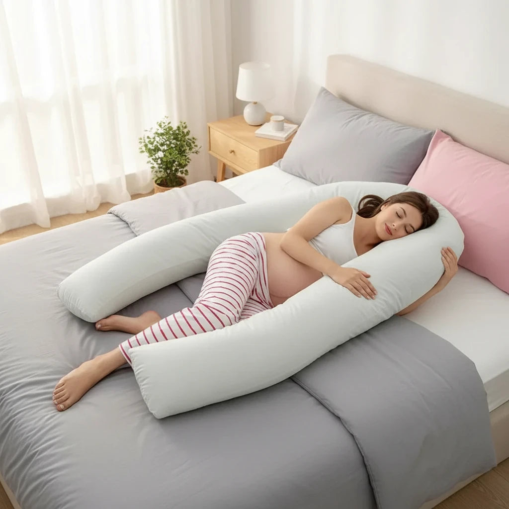 EVEREASE U-shaped full body maternity support pillow in light grey cradling a pregnant woman sleeping on a bed