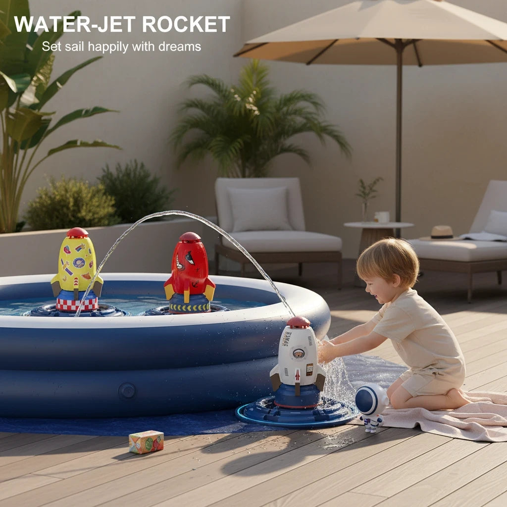 EVEREASE water jet rocket sprinkler toy in a backyard pool with a child playing outdoors