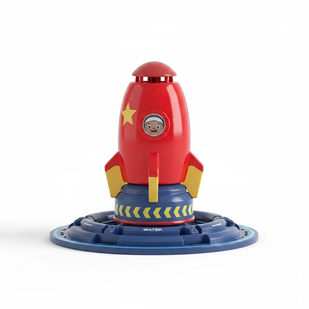 EVEREASE red and blue interactive water jet rocket sprinkler toy for outdoor garden play on a white background