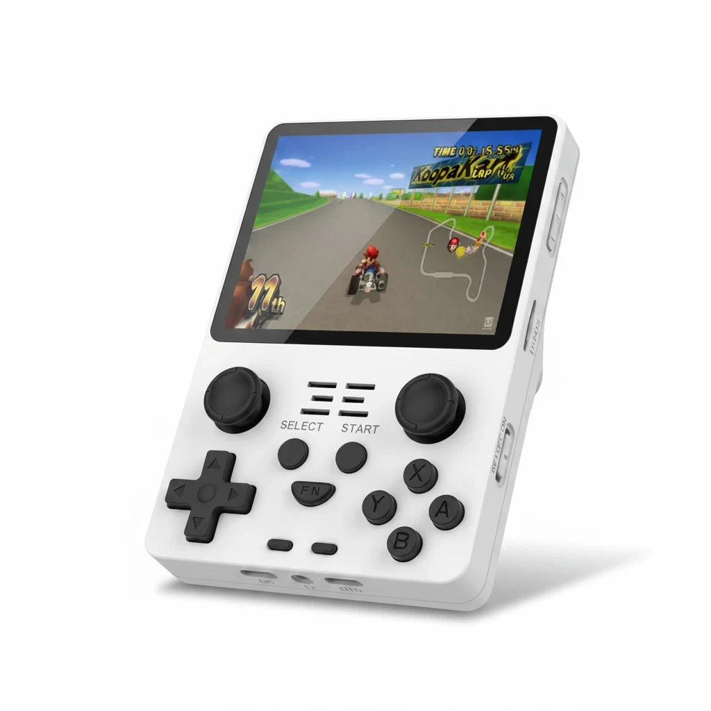 EVEREASE portable handheld video game console in white with a color screen displaying a racing game and black buttons.