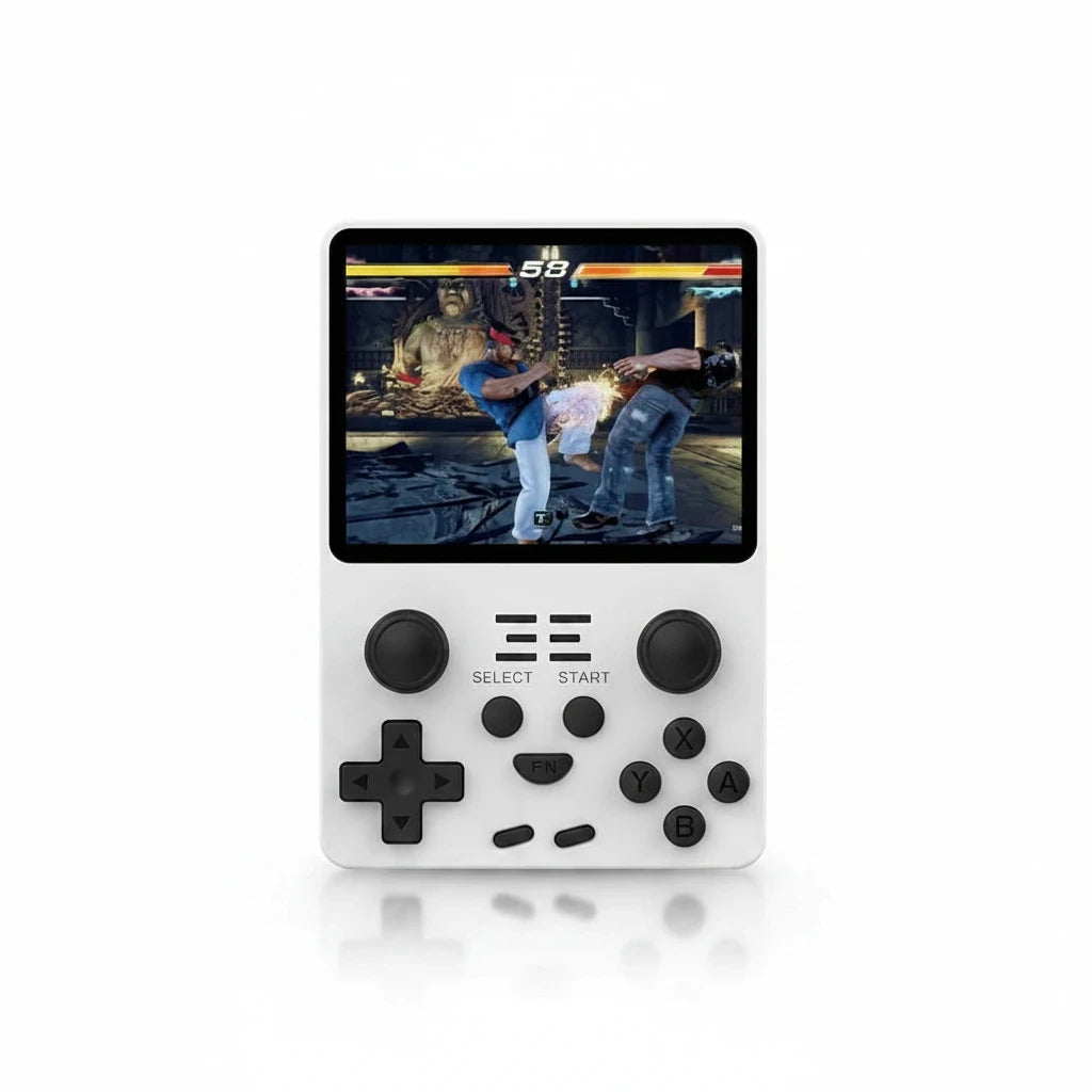 EVEREASE white portable handheld video game console with a bright screen displaying a fighting game