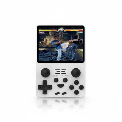 EVEREASE white portable handheld video game console with a bright screen displaying a fighting game