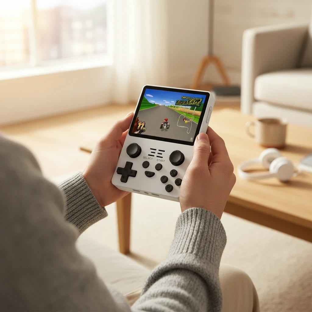 EVEREASE portable handheld video game console with a white frame and black buttons held in hands in a living room.