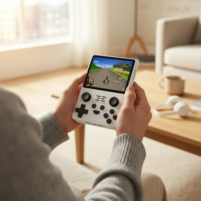 EVEREASE portable handheld video game console with a white frame and black buttons held in hands in a living room.