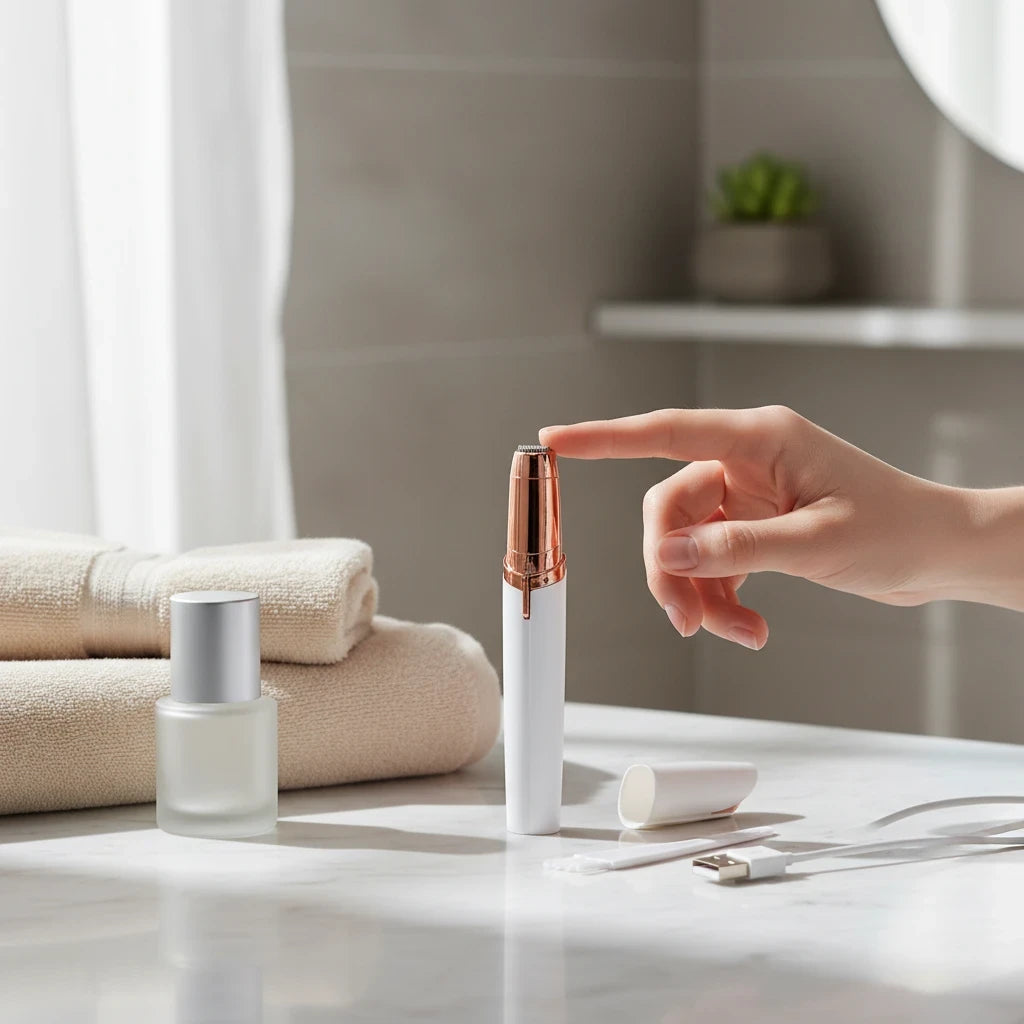 EVEREASE white and rose gold pen-style electric eyebrow trimmer being tested on a bathroom vanity.