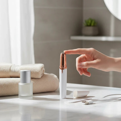 EVEREASE white and rose gold pen-style electric eyebrow trimmer being tested on a bathroom vanity.