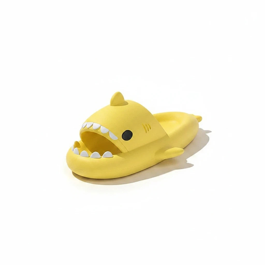 EVEREASE yellow shark-shaped open toe slide sandals with a playful character design for indoor and outdoor comfort.