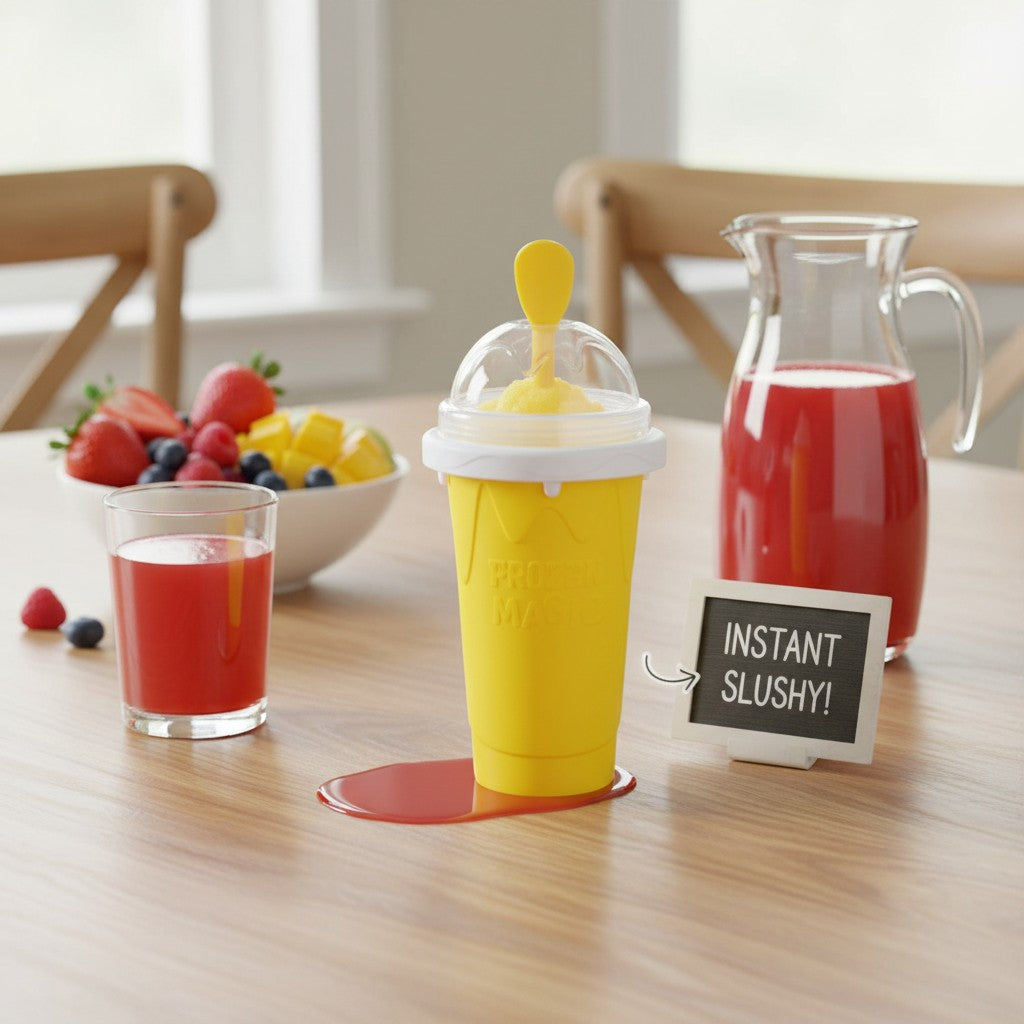 EVEREASE yellow instant frozen slushy maker cup with a clear lid and spoon on a wooden table with fruit and juice
